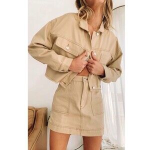 BEGINNING BOUTIQUE Gone Girl Oversized Crop Denim Jacket in Beige Brown 6